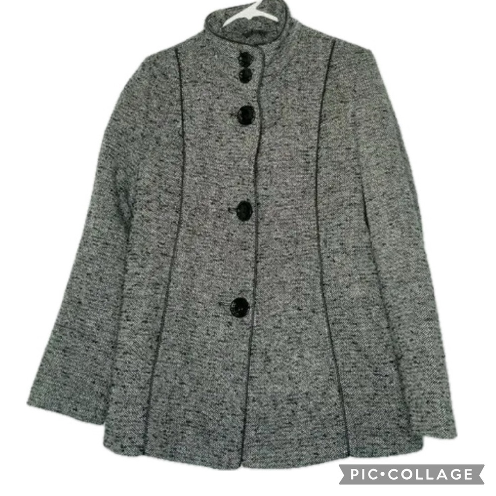 Braetan Gray & Black Herringbone Tweed Wool Blend High Neck Button Front Coat